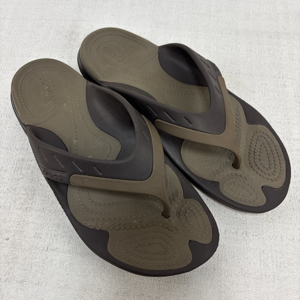 Crocs Mens 9 Womens 11 Brown & Tan Modi Sport‎ Flip Flops EUC